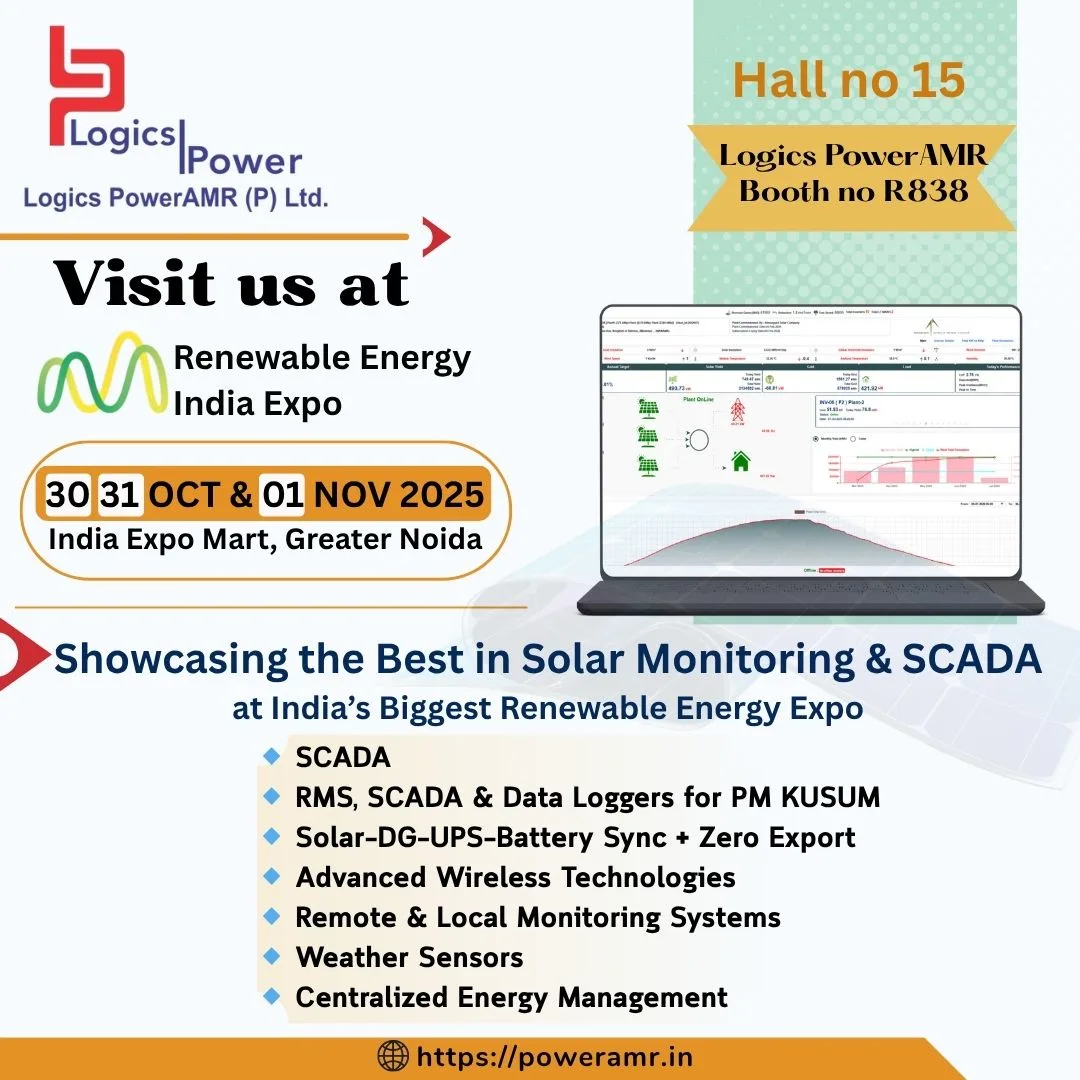 Logics PowerAMR showcasing Solar Monitoring and SCADA Solutions at Renewable Energy India Expo 2025, Hall 15 Booth R838, Greater Noida