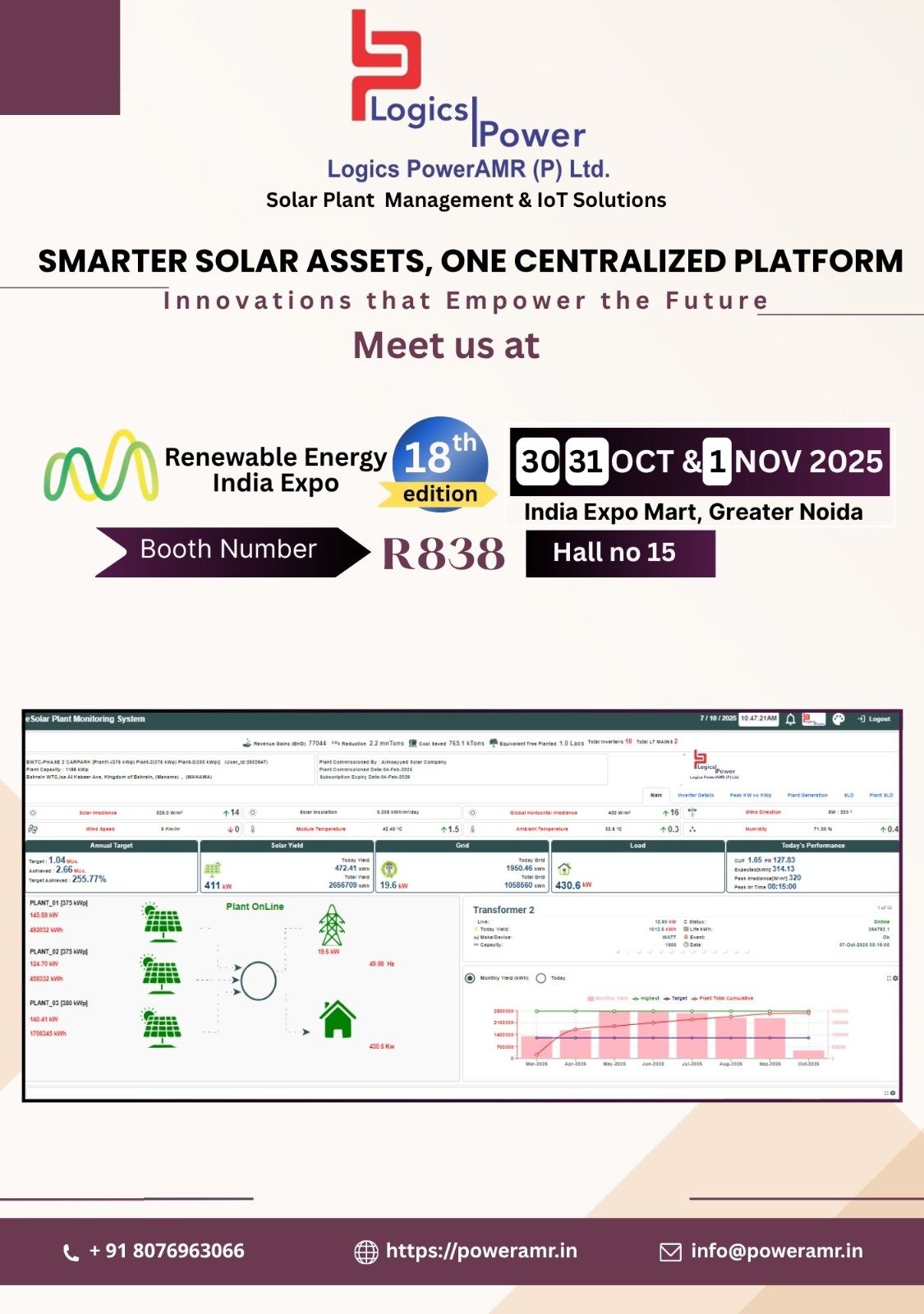 Logics PowerAMR showcasing Solar Monitoring and SCADA Solutions at Renewable Energy India Expo 2025, Hall 15 Booth R838, Greater Noida